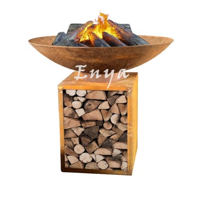 Rusty 30 Inch Garden Cooking Outdoor Fire Pits BBQ With Rectangular Log Storage